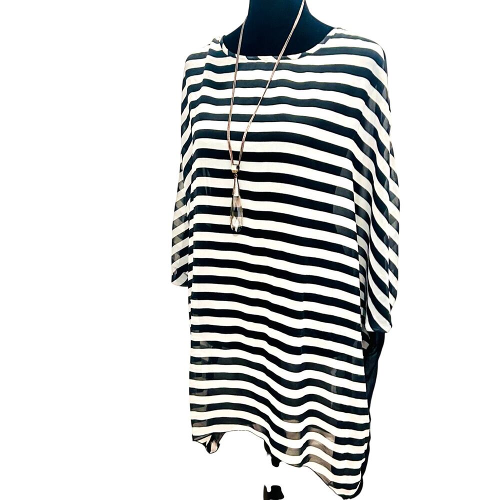 ⚫⚪Black White Striped Sheer Cover Up OSFM Beach Vacation - Picture 4 of 12